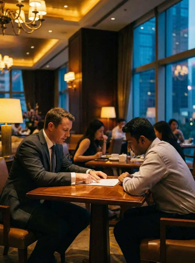 A client and an adviser going through a policy over coffee