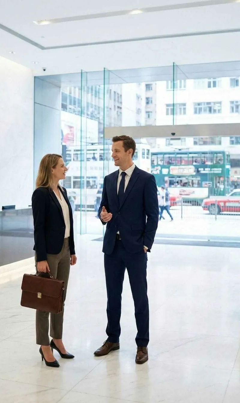 A business owner meeting an adviser in a Hong Kong office lobby