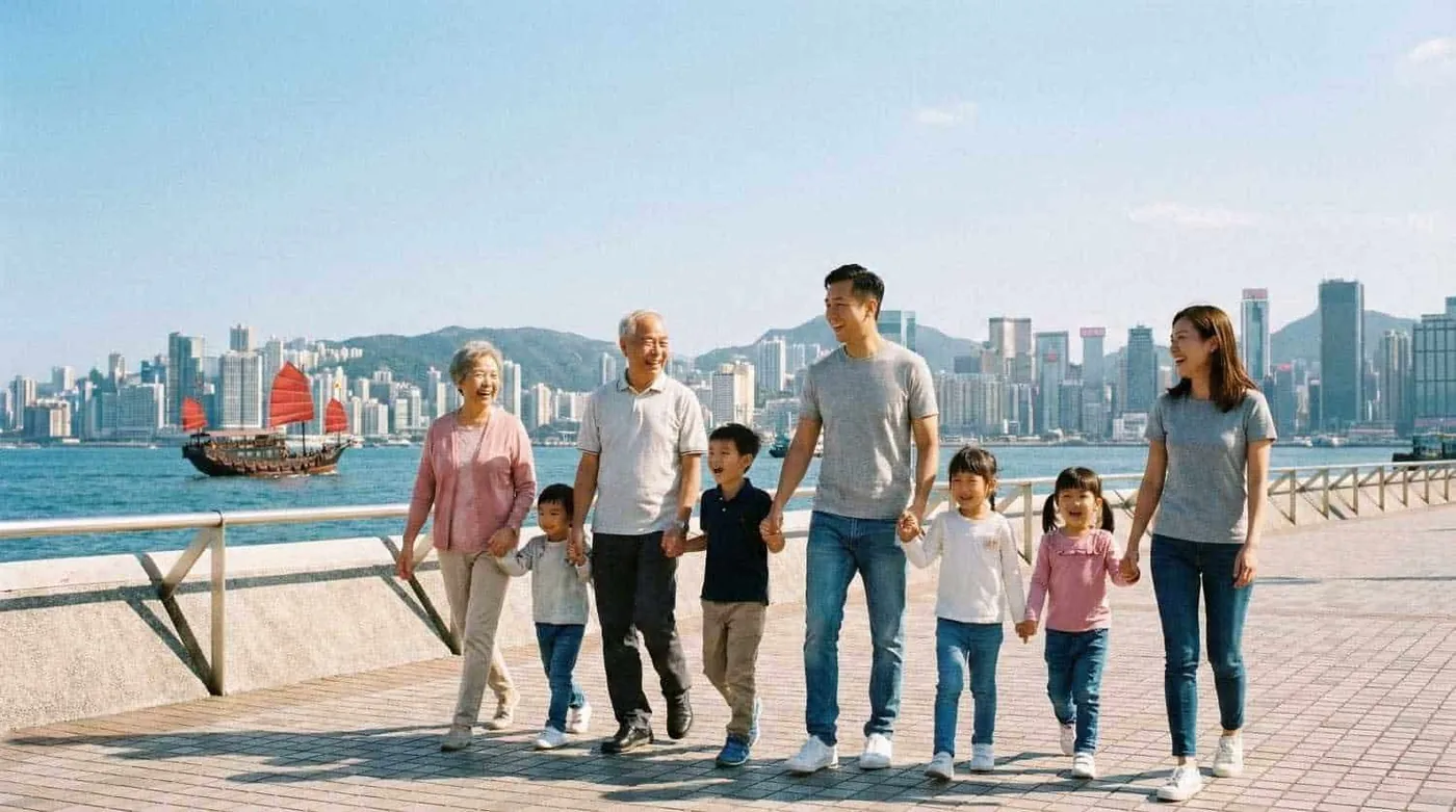 A family walking together on the Hong Kong harbour front