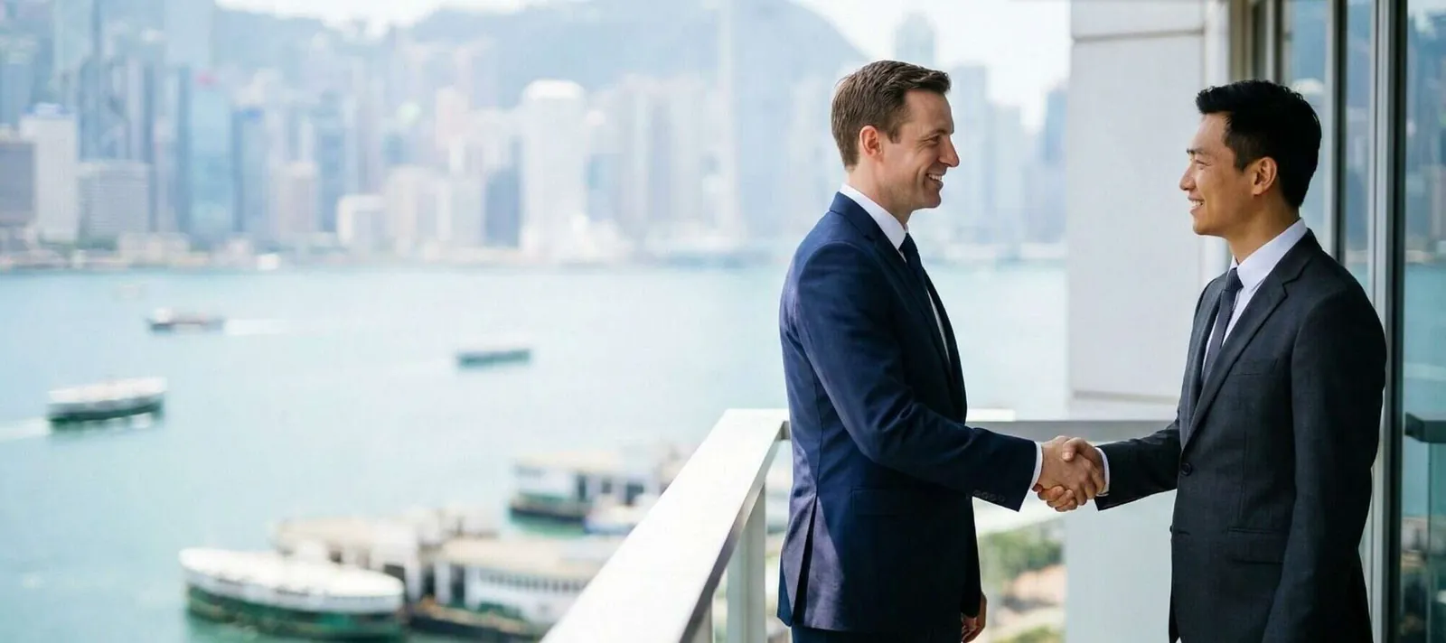 Two business people shaking hands on a Hong Kong harbour terrace