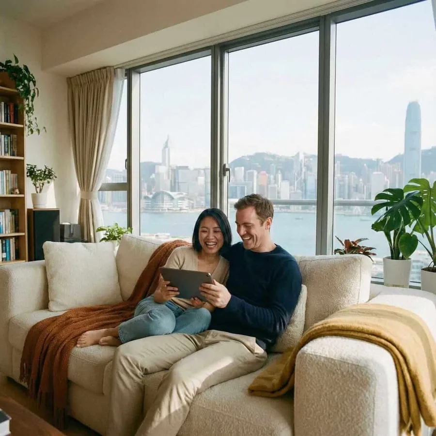 A couple at home in a Hong Kong flat looking at a tablet